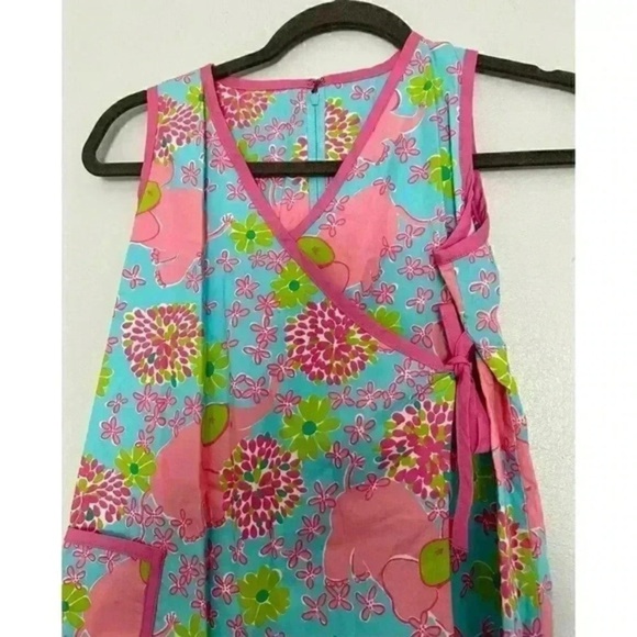 Lilly Pulitzer Dress Girls Size 10 Pink Blue Wrap Elephant Print Floral Sleevele - Picture 4 of 5